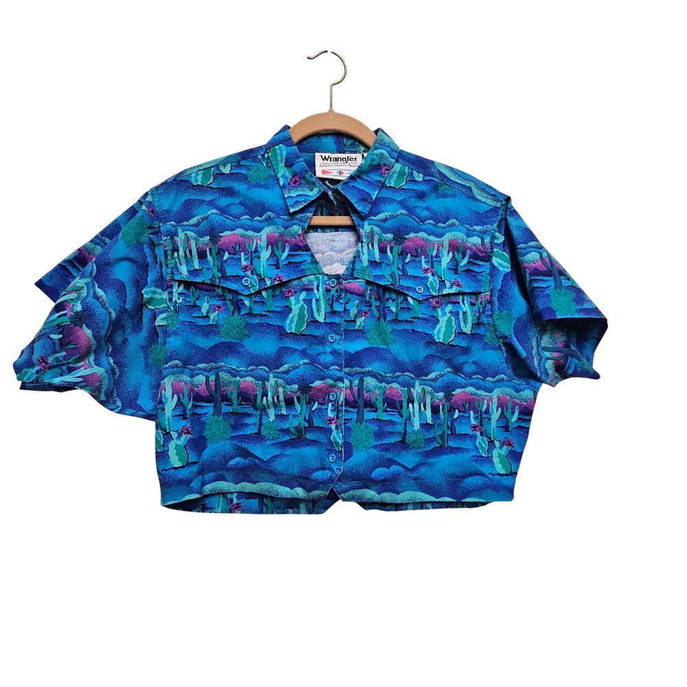 Wrangler Western Shirt Womens L Blue Cactus Cropped Short Sleeve Button Up 80s